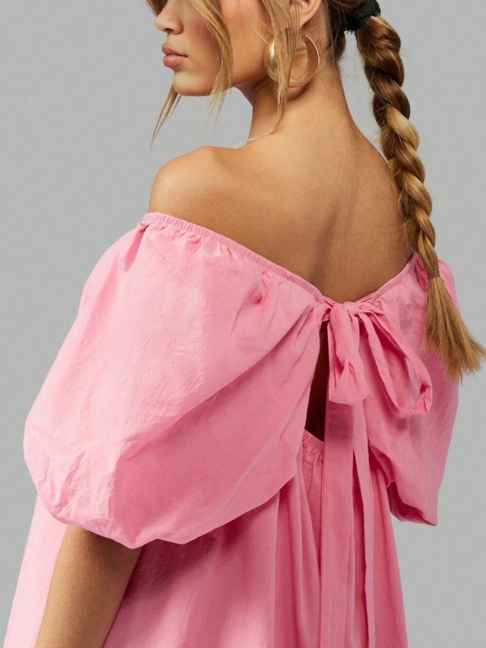 Pink Casual Women's Off-Shoulder Puff Sleeve Mini A-Line Party Dress - Picture 6 of 7